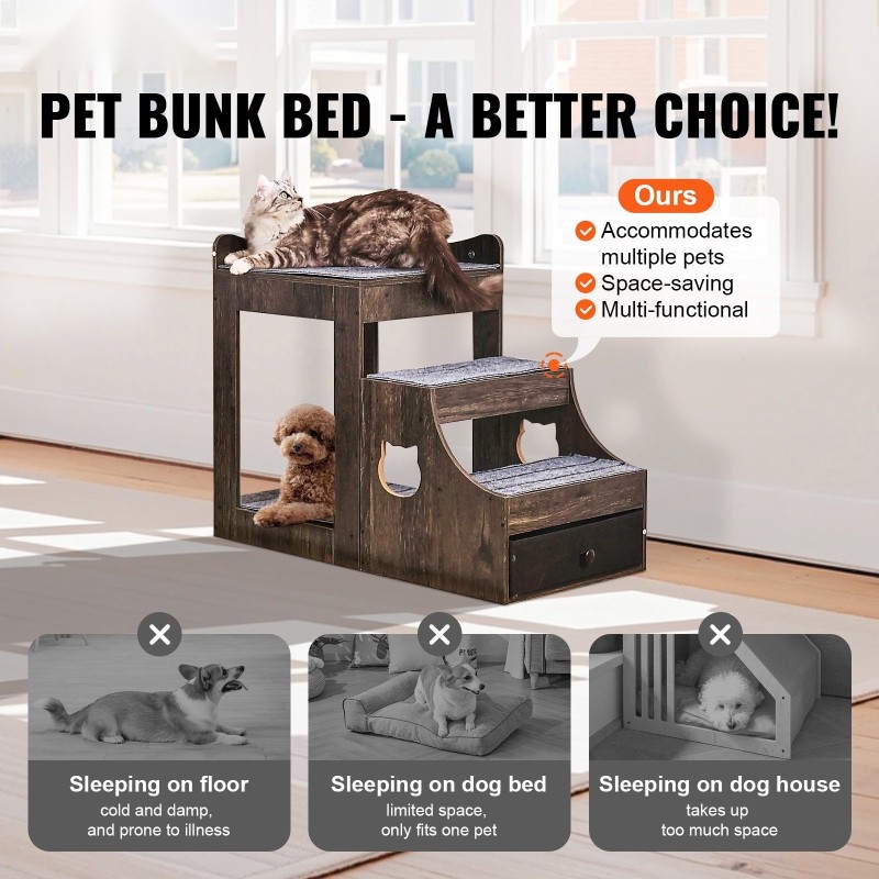 Monitasoinen lemmikkisänky pienille koirille ja kissoille koko S harmaa irrotettavilla portailla säilytystilalla