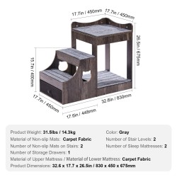 Monitasoinen lemmikkisänky pienille koirille ja kissoille koko S harmaa irrotettavilla portailla säilytystilalla