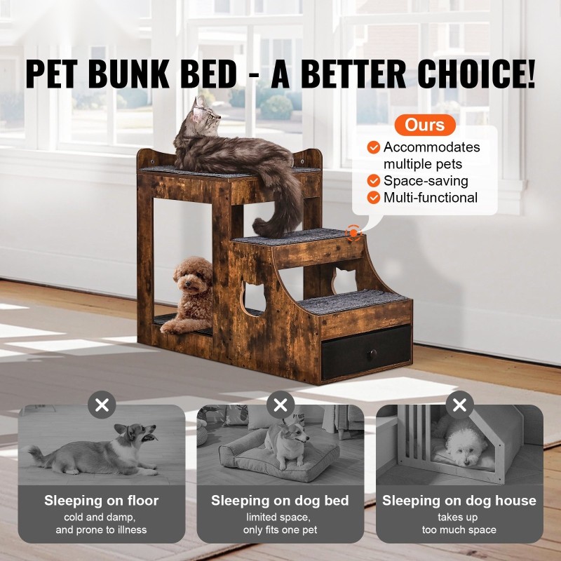 Monitasoinen lemmikkisänky ikkunatasolla irrotettavilla portailla vetolaatikolla pieni rustiikinruskea