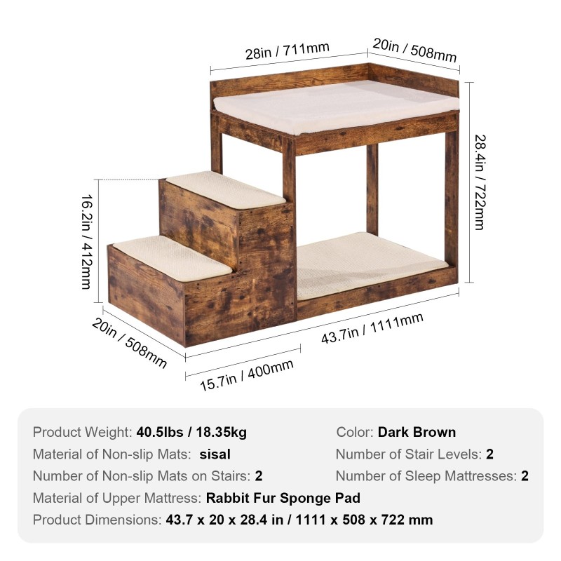 Lemmikkisänky kaksitasoinen portaisilla keskikokoisille sisal ja kaniturisienipehmuste