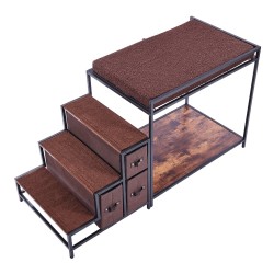 Kaksikerroksinen lemmikkisänky portailla keskikokoisille sisäkäyttöön tummanruskea puu ja musta metalli