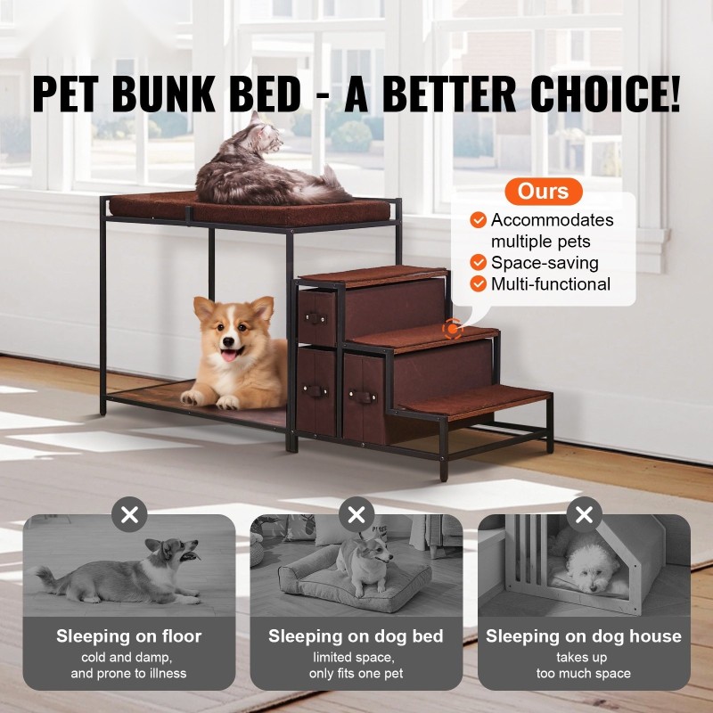 Kaksikerroksinen lemmikkisänky portailla keskikokoisille sisäkäyttöön tummanruskea puu ja musta metalli