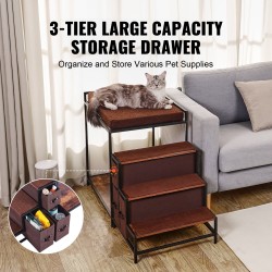 Kaksikerroksinen lemmikkisänky portailla keskikokoisille sisäkäyttöön tummanruskea puu ja musta metalli