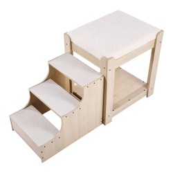 Kaksitasoinen lemmikkisänky beige pieni koko portaat liukuestepinnoilla irrotettavalla teddyfleece päällisellä