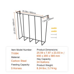 Heinäteline hiiliterästä 24 gallonaa seinään kiinnitettävä 5 hevoselle sisä ja ulkokäyttöön