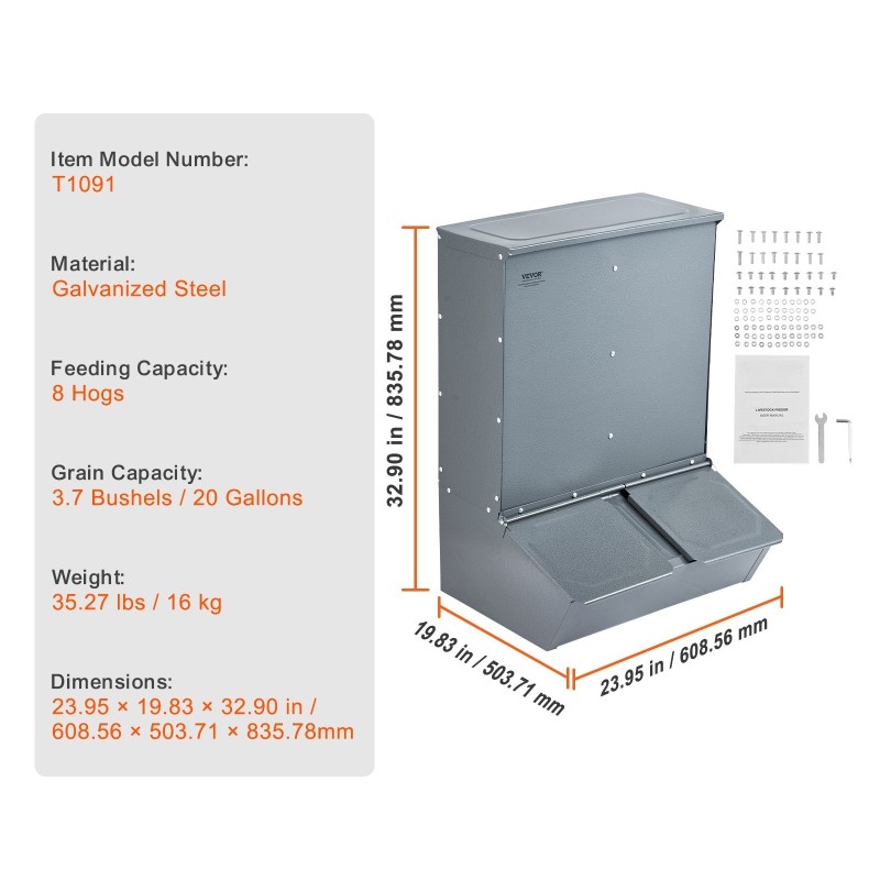 Sikojen ruokintalaite galvanoitua terästä 3,7 bushelia 8 sian ruokintaan ulkokäyttöön