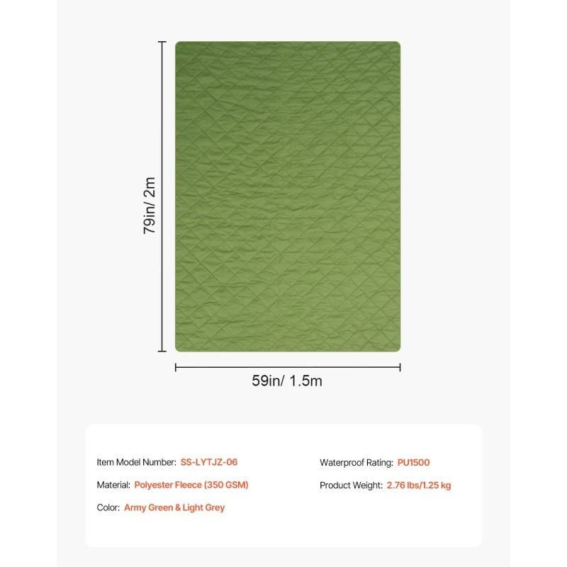 Retkeilyviltti polyesterifleece 330GSM koko 2,08 m x 1,4 m PU1500 ulkoiluun