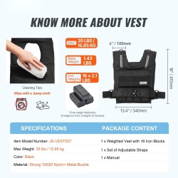 Säädettävä painoliivi vahvaa nailonmateriaalia 15,85 kg maksimipainolla pehmustetut olkapäät heijastavat raidat harjoitteluun