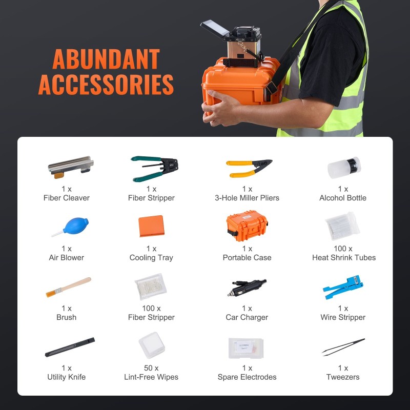 Kuituhitsauslaite vaippakohdistus neljä moottoria 5-tuumainen kosketusnäyttö kolmitoiminen kuitupidike 7800 mAh akku