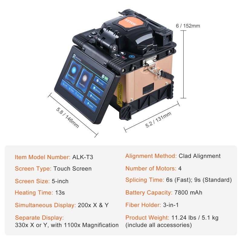 Kuituhitsauslaite vaippakohdistus neljä moottoria 5-tuumainen kosketusnäyttö kolmitoiminen kuitupidike 7800 mAh akku