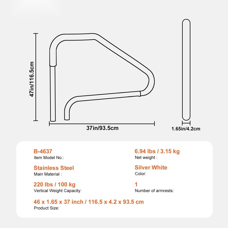 Uima-altaan kaide ruostumattomasta teräksestä valmiiksi koottu kolmiportaisella sinisellä otteella