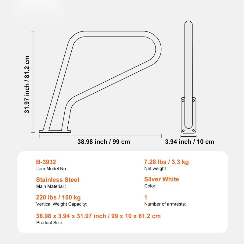 Uima-altaan kaide ruostumatonta terästä 990 x 812 mm sisä- ja ulkokäyttöön