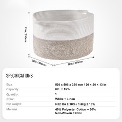 Säilytyskori puuvillanyöristä punottu 67 l 508x508x330 mm 40% polyesteripuuvilla 60% kuitukangas