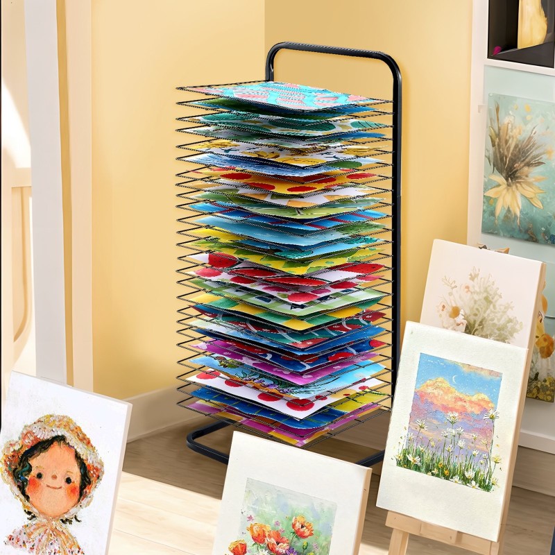 Taidekuivausteline 25 irrotettavaa hyllyä hiiliteräsrunko jauhemaalattu musta lukittavat pyörät