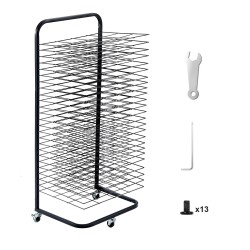 Taidekuivausteline 25 irrotettavaa hyllyä hiiliteräsrunko jauhemaalattu musta lukittavat pyörät
