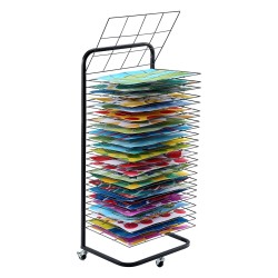 Taidekuivausteline 25 irrotettavaa hyllyä hiiliteräsrunko jauhemaalattu musta lukittavat pyörät