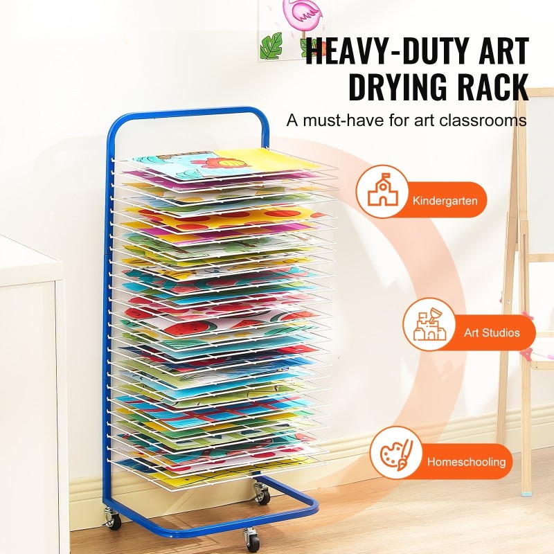 Taideteosten kuivausteline hiiliteräsrunko 25 irrotettavaa hyllyä lukittavat pyörät sopii A4 A3 A2-arkuille