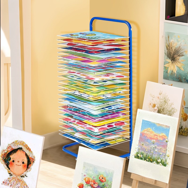 Taideteosten kuivausteline hiiliteräsrunko 25 irrotettavaa hyllyä lukittavat pyörät sopii A4 A3 A2-arkuille