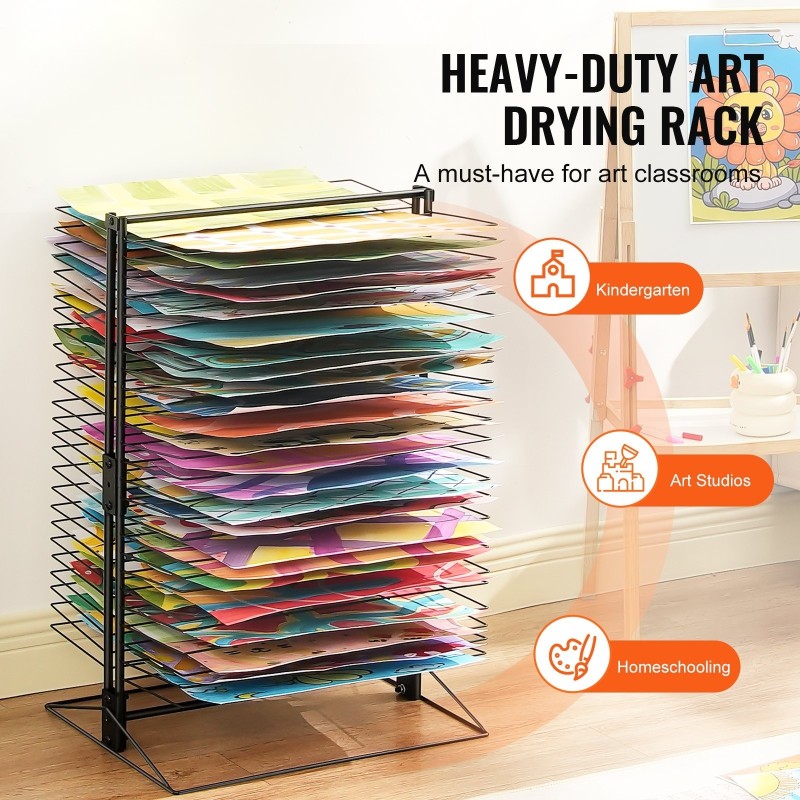 Taidekuivatusritilä 50 irrotettavaa hyllyä hiiliteräs musta vakaapohjainen kouluun ja ateljeeseen