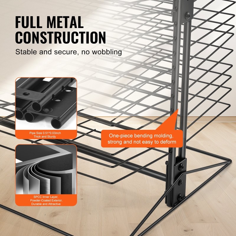 Taidekuivatusritilä 50 irrotettavaa hyllyä hiiliteräs musta vakaapohjainen kouluun ja ateljeeseen