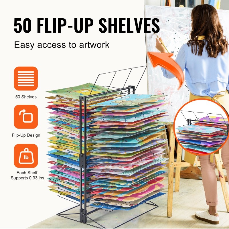 Taidekuivatusritilä 50 irrotettavaa hyllyä hiiliteräs musta vakaapohjainen kouluun ja ateljeeseen