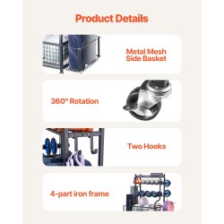 Joogamattojen säilytysteline jauhemaalattua terästä pyörillä ja koukuilla