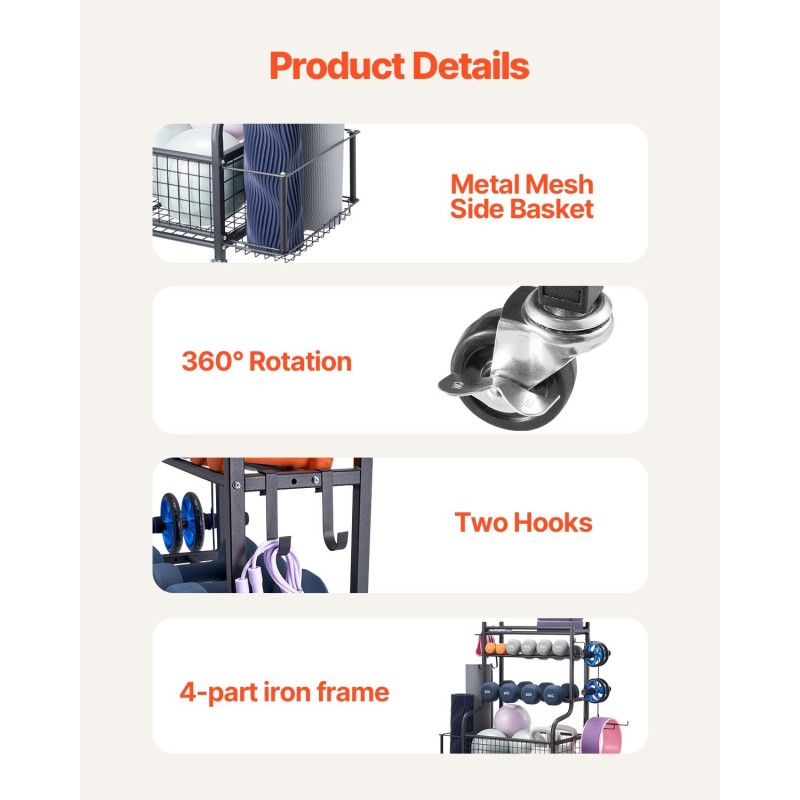 Joogamattojen säilytysteline jauhemaalattua terästä pyörillä ja koukuilla