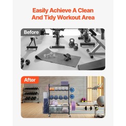 Joogamattojen säilytysteline jauhemaalattua terästä pyörillä ja koukuilla