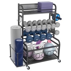 Joogamaton säilytysteline jauhemaalattu teräs sivukorilla ja koukuilla neljällä pyörällä kahdella lukittavalla