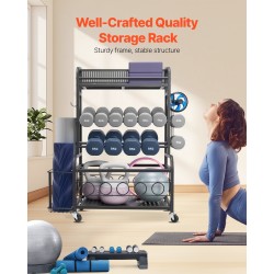 Joogamaton säilytysteline jauhemaalattu teräs sivukorilla ja koukuilla neljällä pyörällä kahdella lukittavalla