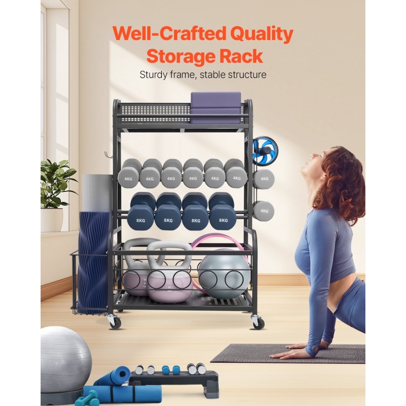 Joogamaton säilytysteline jauhemaalattu teräs sivukorilla ja koukuilla neljällä pyörällä kahdella lukittavalla