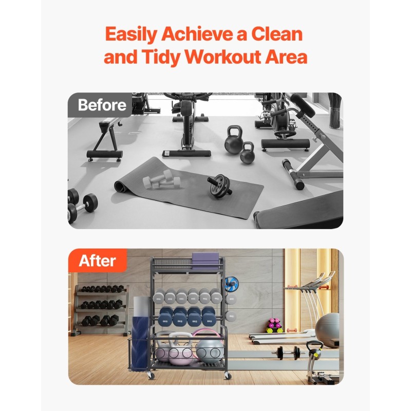 Joogamaton säilytysteline jauhemaalattu teräs sivukorilla ja koukuilla neljällä pyörällä kahdella lukittavalla