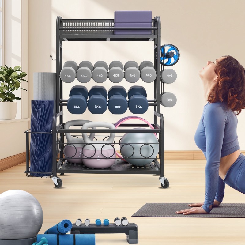 Joogamaton säilytysteline jauhemaalattu teräs sivukorilla ja koukuilla neljällä pyörällä kahdella lukittavalla