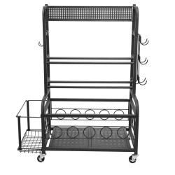 Joogamaton säilytysteline jauhemaalattu teräs sivukorilla ja koukuilla neljällä pyörällä kahdella lukittavalla