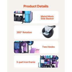 Joogamattojen säilytysteline pulverimaalatulla teräsrungolla korilla lukittavilla pyörillä ja koukuilla