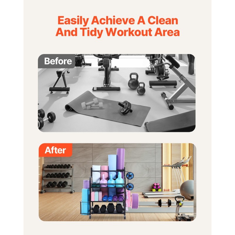 Joogamattojen säilytysteline pulverimaalatulla teräsrungolla korilla lukittavilla pyörillä ja koukuilla