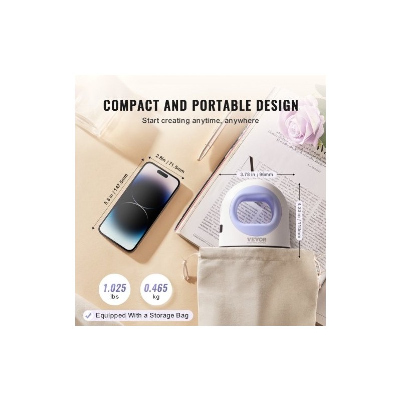 Pieni lämpöpuristin kompakti 3-tasoinen lämpötilansäätö automaattinen virrankatkaisu tekstiileille sinivalkoinen