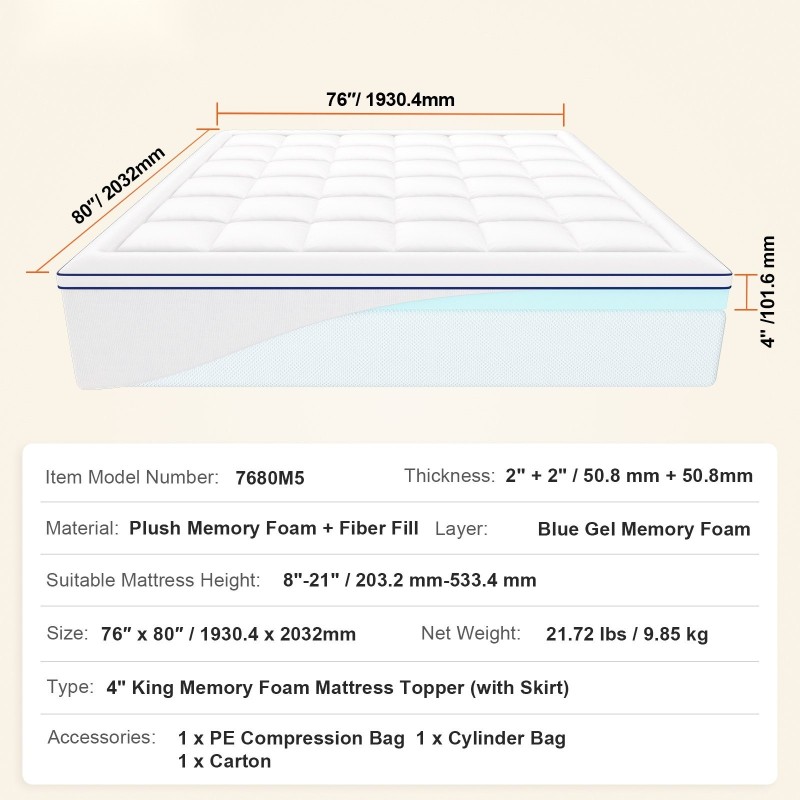 Muistivaahto- ja kuitutäytteinen sijauspatja 1930×2032 millimetriä 101,6 millimetriä paksu