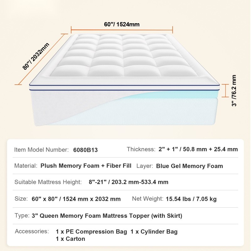 Patjansuojus muistivaahdolla ja kuitutäytteellä viilentävällä geelikerroksella 1524x2032 mm 76 mm