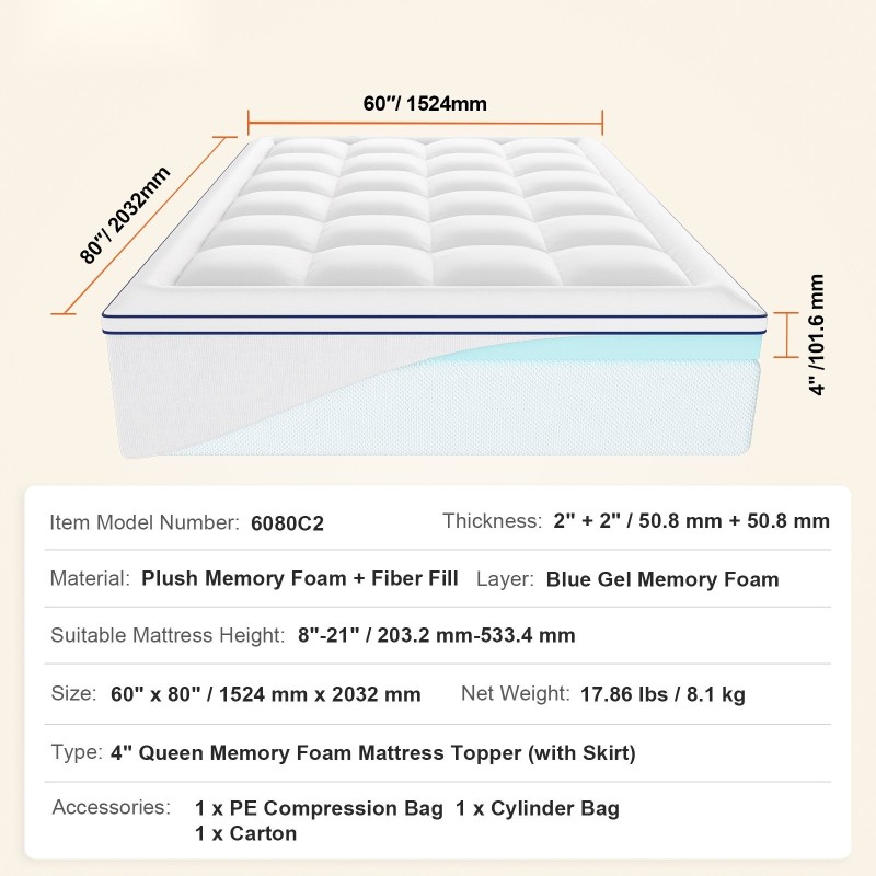 Sijauspatja geelimuistivaahto ja kuitutäyte 1524x2032 mm 101,6 mm paksu