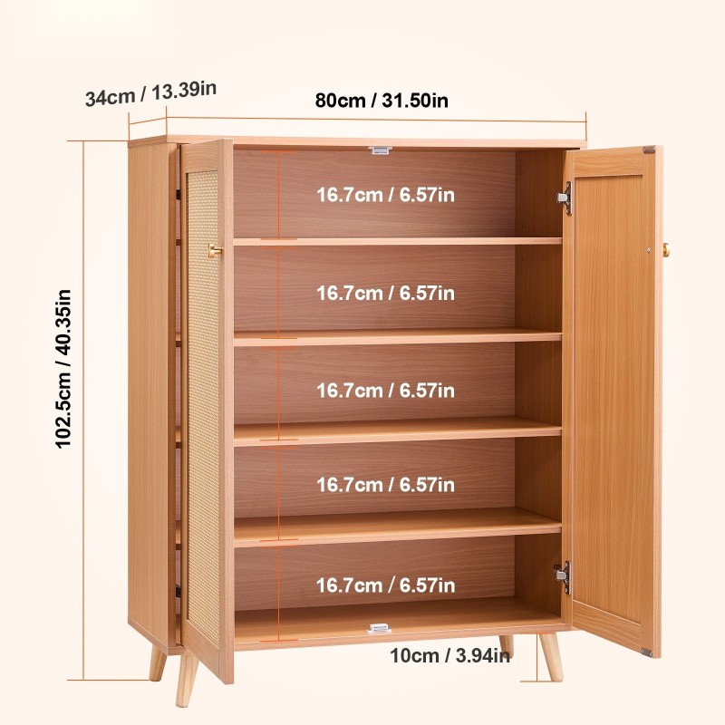 Rottinkinen kenkäkaappi viisi tasoa säädettävät hyllyt kaksi ovea vaalea puunsävy