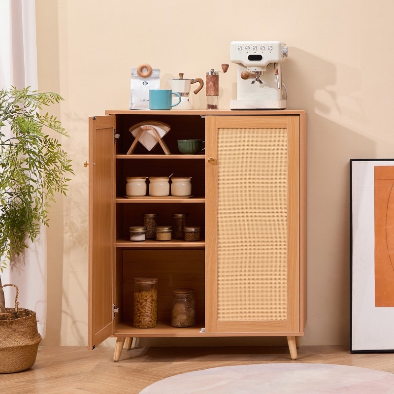 Rottinkinen kenkäkaappi viisi tasoa säädettävät hyllyt kaksi ovea vaalea puunsävy