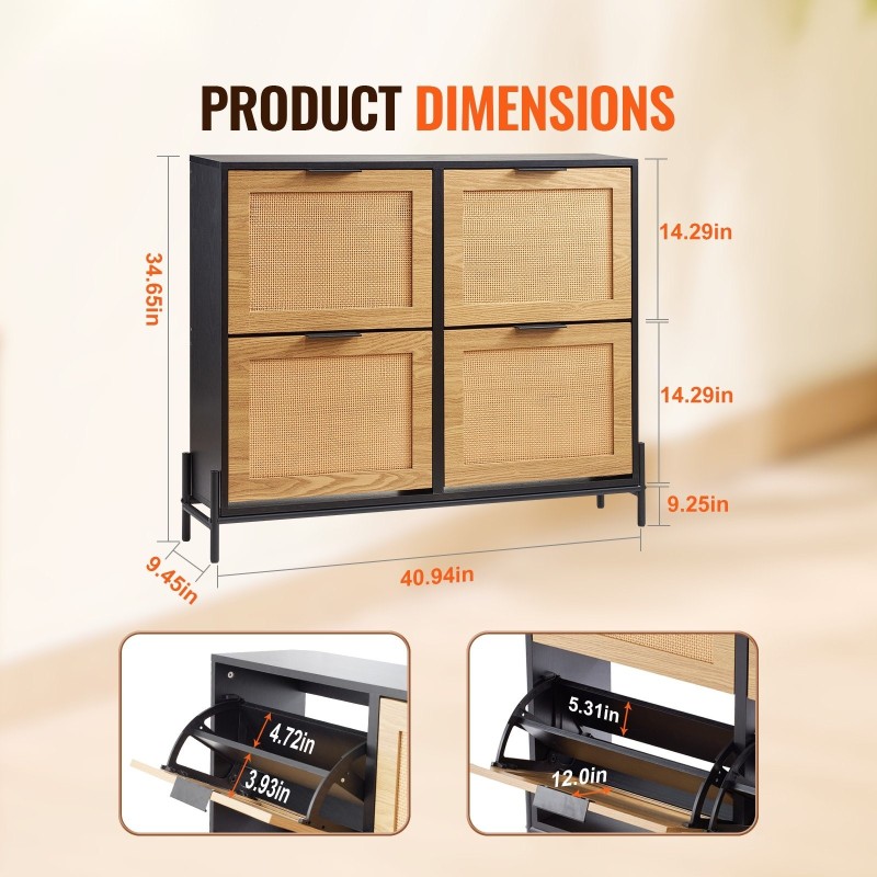 Kapea rottinkipintainen kenkäkaappi 4 kääntyvää laatikkoa metallijaloilla vaalea puunsävy