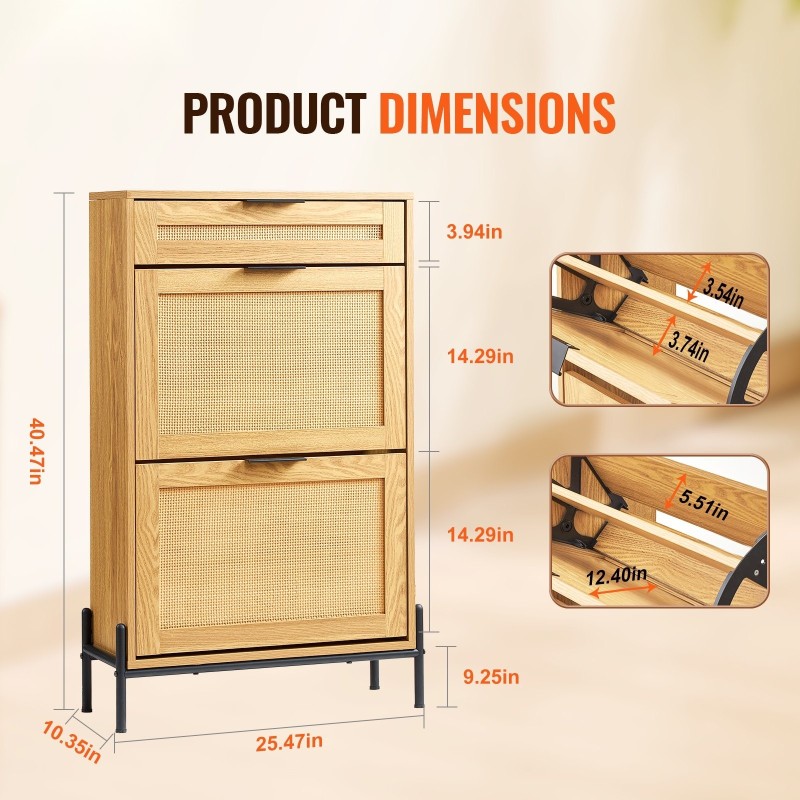 Kapea rottinkinen kenkäkaappi kaksi kääntyvää rottinkilaatikkoa ja yksi liukulaatikko metallijalat eteiseen