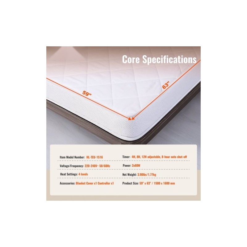 Sähkölämmitteinen patjansuoja harjattu kangas 150 x 160 cm neljä lämpötilaa ajastin
