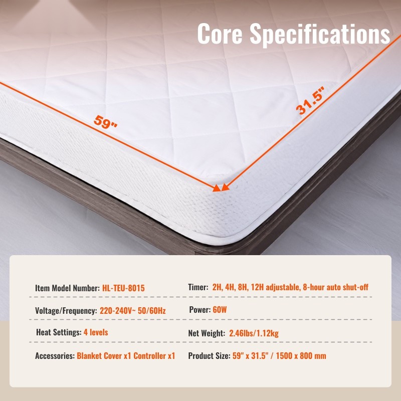 Sähköinen lämpöpatja 150 x 80 cm 4 tasoa ajastin syvä joustava tasku