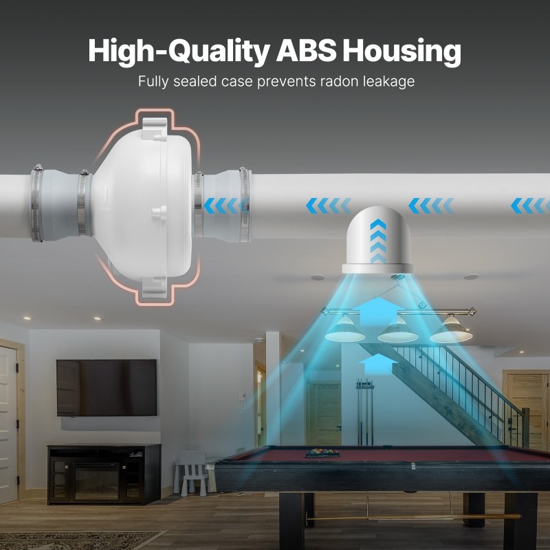 Kanavapuhallin radonpoistoon 98–114 mm ABS-kuori 190 CFM 2 liitintä hiljainen