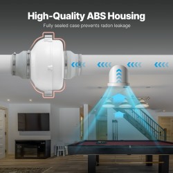 Radonpoistopuhallin ABS-kuori 98–114mm ilmavirta 380 CFM 2 liitintä sisä- ja ulkokäyttöön