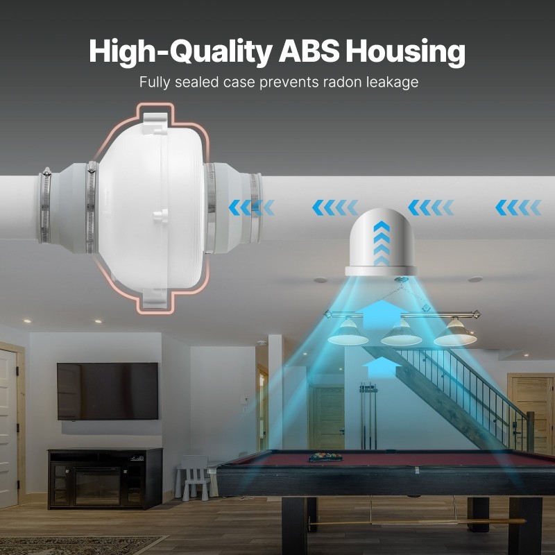Radonpoistopuhallin ABS-kuori 98–114mm ilmavirta 380 CFM 2 liitintä sisä- ja ulkokäyttöön