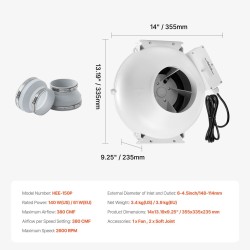 Radonpoistopuhallin ABS-kuori 98–114mm ilmavirta 380 CFM 2 liitintä sisä- ja ulkokäyttöön